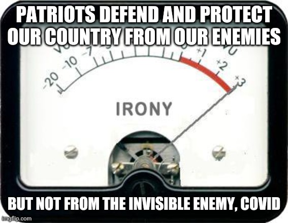 Irony | PATRIOTS DEFEND AND PROTECT OUR COUNTRY FROM OUR ENEMIES; BUT NOT FROM THE INVISIBLE ENEMY, COVID | image tagged in irony meter | made w/ Imgflip meme maker