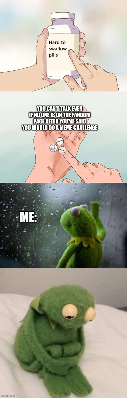 YOU CAN'T TALK EVEN IF NO ONE IS ON THE FANDOM PAGE AFTER YOU'VE SAID YOU WOULD DO A MEME CHALLENGE; ME: | image tagged in memes,hard to swallow pills,sad kermit | made w/ Imgflip meme maker