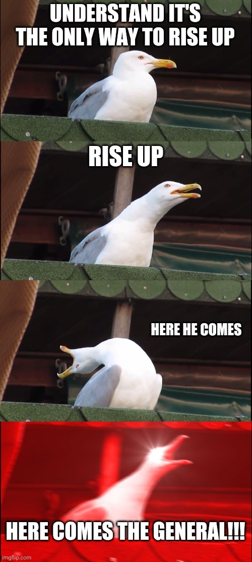 Inhaling Seagull Meme | UNDERSTAND IT'S THE ONLY WAY TO RISE UP; RISE UP; HERE HE COMES; HERE COMES THE GENERAL!!! | image tagged in memes,inhaling seagull | made w/ Imgflip meme maker