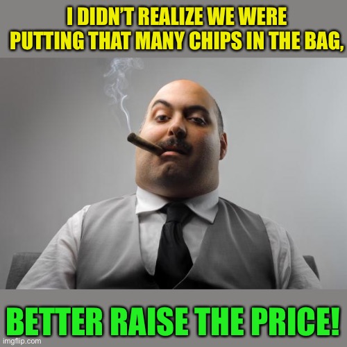 Scumbag Boss Meme | I DIDN’T REALIZE WE WERE PUTTING THAT MANY CHIPS IN THE BAG, BETTER RAISE THE PRICE! | image tagged in memes,scumbag boss | made w/ Imgflip meme maker