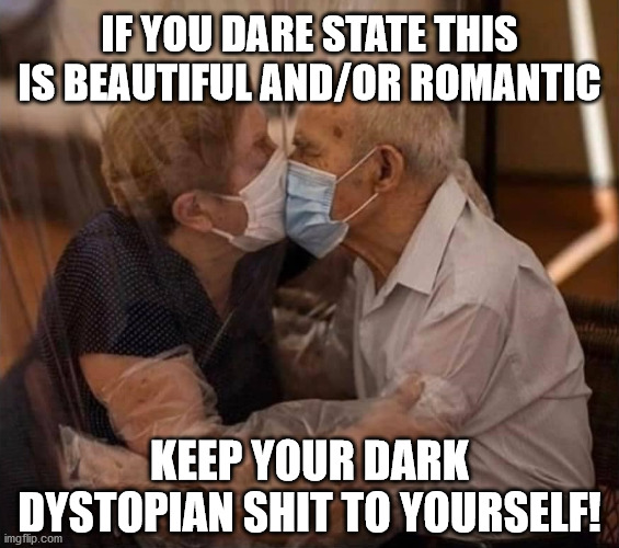 New Normal | IF YOU DARE STATE THIS IS BEAUTIFUL AND/OR ROMANTIC; KEEP YOUR DARK DYSTOPIAN SHIT TO YOURSELF! | image tagged in covid 19,covidiots | made w/ Imgflip meme maker