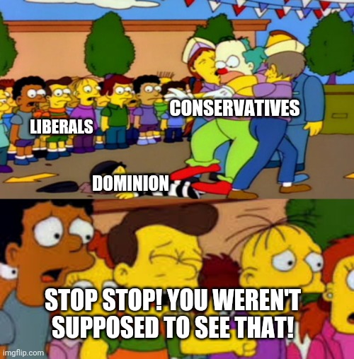 LIBERALS; CONSERVATIVES; DOMINION; STOP STOP! YOU WEREN'T SUPPOSED TO SEE THAT! | image tagged in liberals | made w/ Imgflip meme maker