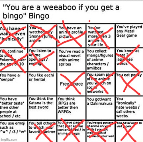 no idea how i didnt get a bingo | image tagged in weeaboo bingo | made w/ Imgflip meme maker