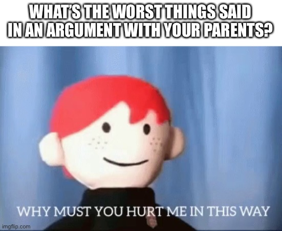 why must you hurt me in this way | WHAT’S THE WORST THINGS SAID IN AN ARGUMENT WITH YOUR PARENTS? | image tagged in why must you hurt me in this way | made w/ Imgflip meme maker