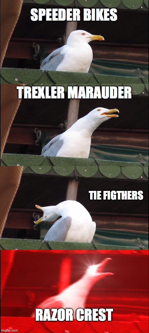 Mandalorian Vehicles | SPEEDER BIKES; TREXLER MARAUDER; TIE FIGTHERS; RAZOR CREST | image tagged in memes,inhaling seagull | made w/ Imgflip meme maker