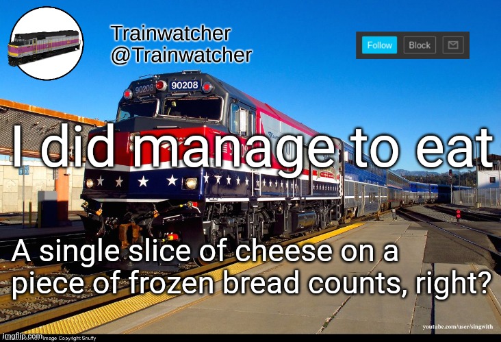 Trainwatcher Announcement 4 | I did manage to eat; A single slice of cheese on a piece of frozen bread counts, right? | image tagged in trainwatcher announcement 4 | made w/ Imgflip meme maker