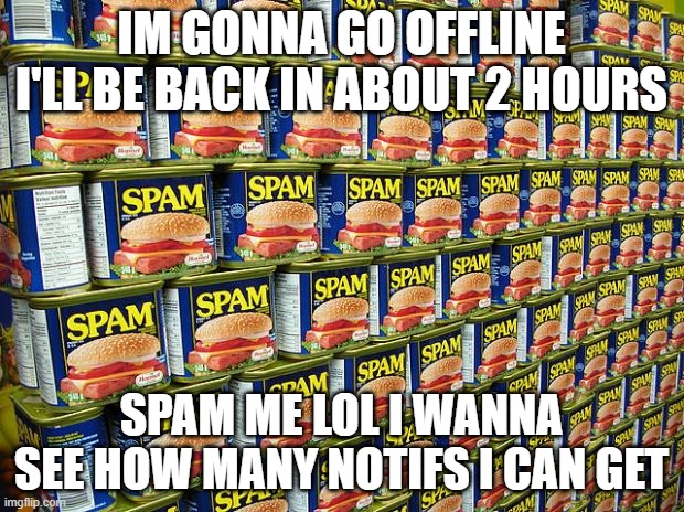 Spam, Delicous | IM GONNA GO OFFLINE I'LL BE BACK IN ABOUT 2 HOURS; SPAM ME LOL I WANNA SEE HOW MANY NOTIFS I CAN GET | image tagged in spam delicous | made w/ Imgflip meme maker