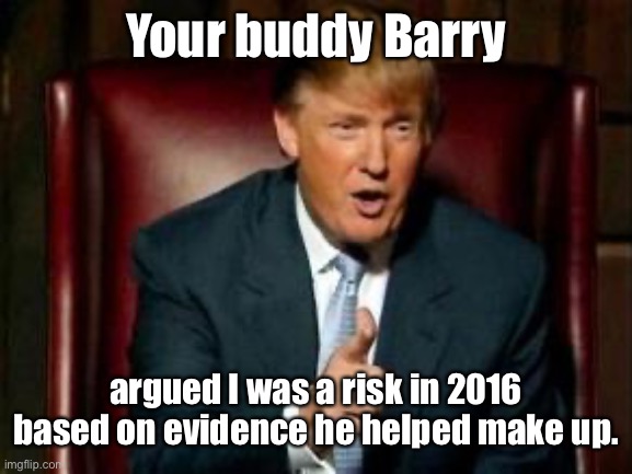 Donald Trump | Your buddy Barry argued I was a risk in 2016 based on evidence he helped make up. | image tagged in donald trump | made w/ Imgflip meme maker