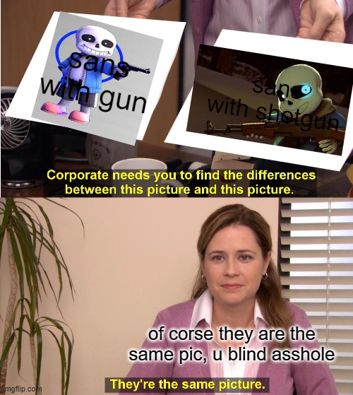 sans with guns | sans with gun; sans with shotgun; of corse they are the same pic, u blind asshole | image tagged in memes,they're the same picture | made w/ Imgflip meme maker