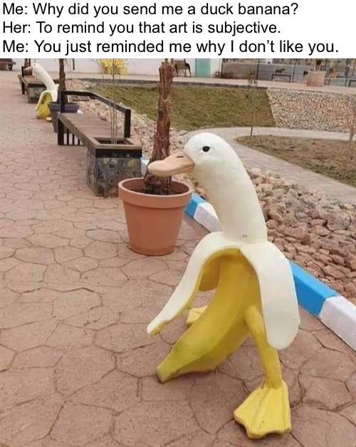 Seriously? I know art is subjective. You don’t need to remind me. Also, this isn’t art. | Me: Why did you send me a duck banana?
Her: To remind you that art is subjective. Me: You just reminded me why I don’t like you. | image tagged in funny memes,ducks,bananas,annoying people | made w/ Imgflip meme maker