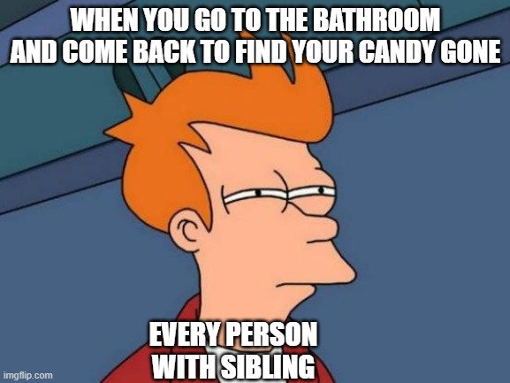 Futurama Fry Meme | WHEN YOU GO TO THE BATHROOM AND COME BACK TO FIND YOUR CANDY GONE; EVERY PERSON WITH SIBLING | image tagged in memes,futurama fry | made w/ Imgflip meme maker