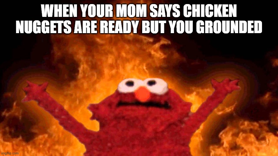 elmo fire | WHEN YOUR MOM SAYS CHICKEN NUGGETS ARE READY BUT YOU GROUNDED | image tagged in elmo fire | made w/ Imgflip meme maker