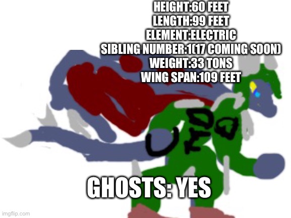 HEIGHT:60 FEET
LENGTH:99 FEET
ELEMENT:ELECTRIC
SIBLING NUMBER:1(17 COMING SOON)
WEIGHT:33 TONS
WING SPAN:109 FEET; GHOSTS: YES | made w/ Imgflip meme maker