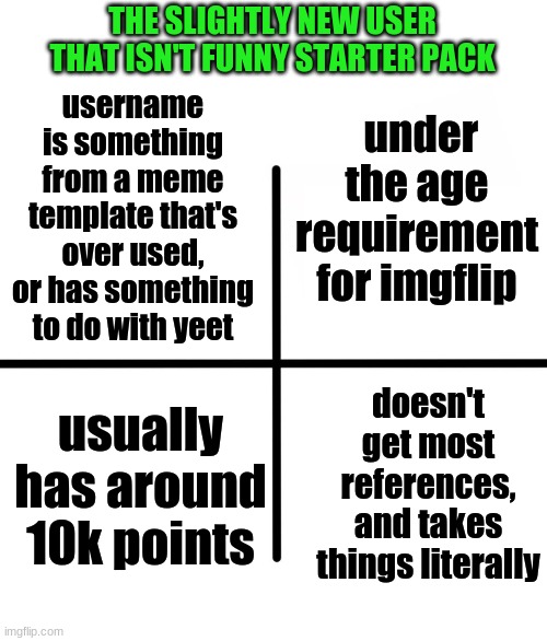 I guess I kinda used to fit this when I was new | THE SLIGHTLY NEW USER THAT ISN'T FUNNY STARTER PACK; under the age requirement for imgflip; username is something from a meme template that's over used, or has something to do with yeet; doesn't get most references, and takes things literally; usually has around 10k points | image tagged in memes,blank starter pack,new users | made w/ Imgflip meme maker