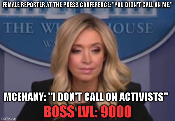 Like a Boss. | FEMALE REPORTER AT THE PRESS CONFERENCE: "YOU DIDN'T CALL ON ME."; MCENANY: "I DON'T CALL ON ACTIVISTS"; BOSS LVL: 9000 | image tagged in kayleigh mcenany | made w/ Imgflip meme maker
