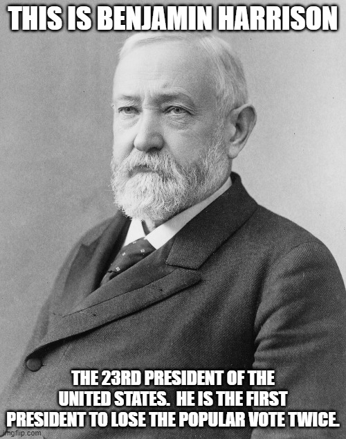 Benjamin Harrison | THIS IS BENJAMIN HARRISON; THE 23RD PRESIDENT OF THE UNITED STATES.  HE IS THE FIRST PRESIDENT TO LOSE THE POPULAR VOTE TWICE. | image tagged in political meme | made w/ Imgflip meme maker