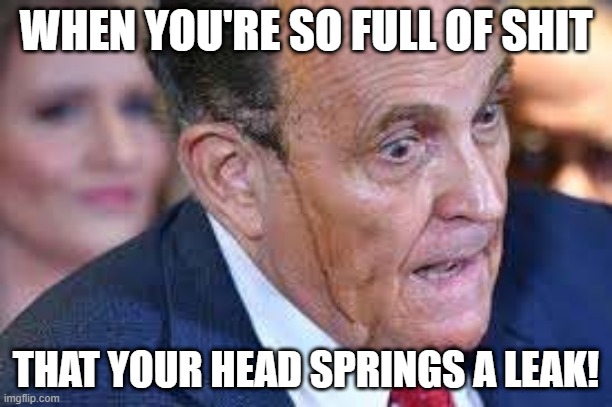 shithead | WHEN YOU'RE SO FULL OF SHIT; THAT YOUR HEAD SPRINGS A LEAK! | image tagged in rudy giuliani,giuliani | made w/ Imgflip meme maker