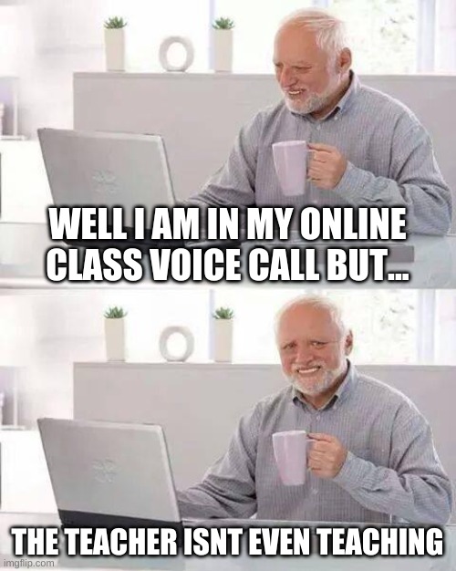 School meme | WELL I AM IN MY ONLINE CLASS VOICE CALL BUT... THE TEACHER ISNT EVEN TEACHING | image tagged in memes,hide the pain harold | made w/ Imgflip meme maker