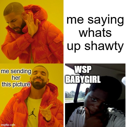 Drake Hotline Bling | me saying whats up shawty; me sending her this picture; WSP BABYGIRL | image tagged in memes,drake hotline bling | made w/ Imgflip meme maker