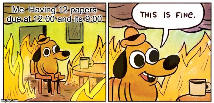 This Is Fine Meme | Me  Having 12 papers due at 12:00 and its 9:00 | image tagged in memes,this is fine | made w/ Imgflip meme maker