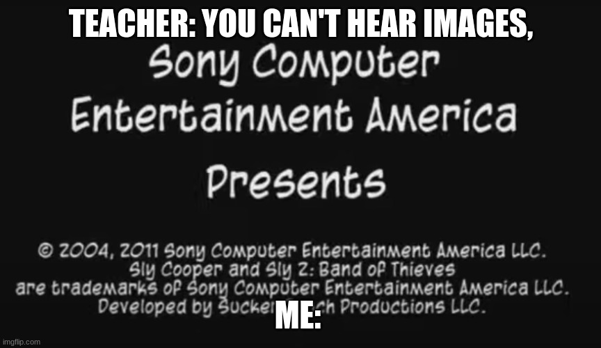 I bet you know what this sounds like if ur a true fan | TEACHER: YOU CAN'T HEAR IMAGES, ME: | image tagged in sly cooper,hearing images | made w/ Imgflip meme maker