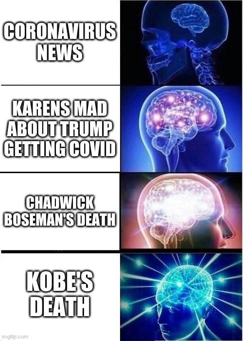 Expanding Brain | CORONAVIRUS NEWS; KARENS MAD ABOUT TRUMP GETTING COVID; CHADWICK BOSEMAN'S DEATH; KOBE'S DEATH | image tagged in memes,expanding brain | made w/ Imgflip meme maker