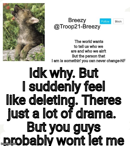 Trooper21-Breezy template | Idk why. But I suddenly feel like deleting. Theres just a lot of drama. 
But you guys probably wont let me | image tagged in trooper21-breezy template | made w/ Imgflip meme maker