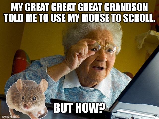 Grandma Finds The Internet | MY GREAT GREAT GREAT GRANDSON TOLD ME TO USE MY MOUSE TO SCROLL. BUT HOW? | image tagged in memes,grandma finds the internet | made w/ Imgflip meme maker