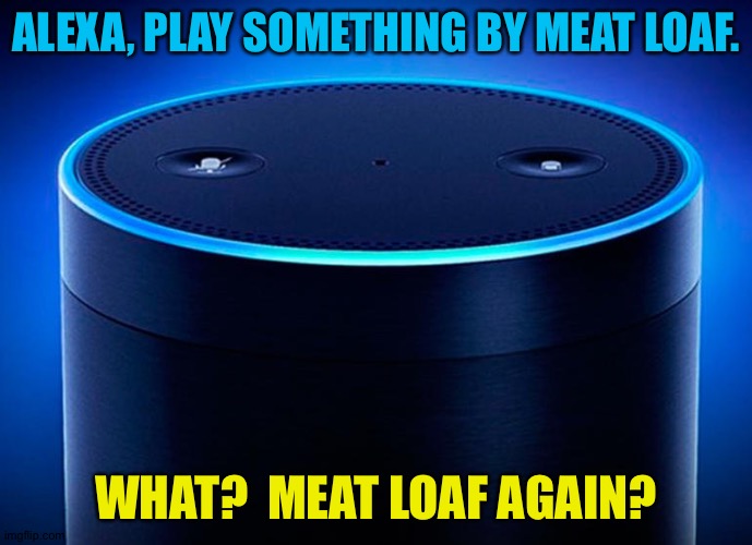 Alexa | ALEXA, PLAY SOMETHING BY MEAT LOAF. WHAT?  MEAT LOAF AGAIN? | image tagged in alexa | made w/ Imgflip meme maker