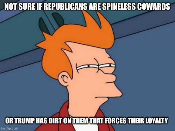Futurama Fry Meme | NOT SURE IF REPUBLICANS ARE SPINELESS COWARDS OR TRUMP HAS DIRT ON THEM THAT FORCES THEIR LOYALTY | image tagged in memes,futurama fry | made w/ Imgflip meme maker