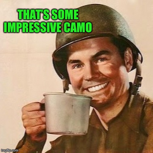 Coffee Soldier | THAT’S SOME IMPRESSIVE CAMO | image tagged in coffee soldier | made w/ Imgflip meme maker
