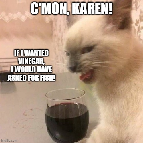 Wine Tasting Cat | C'MON, KAREN! IF I WANTED VINEGAR, I WOULD HAVE ASKED FOR FISH! | image tagged in wine cat | made w/ Imgflip meme maker