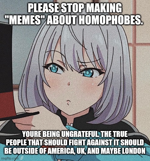 PLEASE STOP MAKING "MEMES" ABOUT HOMOPHOBES. YOURE BEING UNGRATEFUL. THE TRUE PEOPLE THAT SHOULD FIGHT AGAINST IT SHOULD BE OUTSIDE OF AMERICA, UK, AND MAYBE LONDON | image tagged in anime girl | made w/ Imgflip meme maker