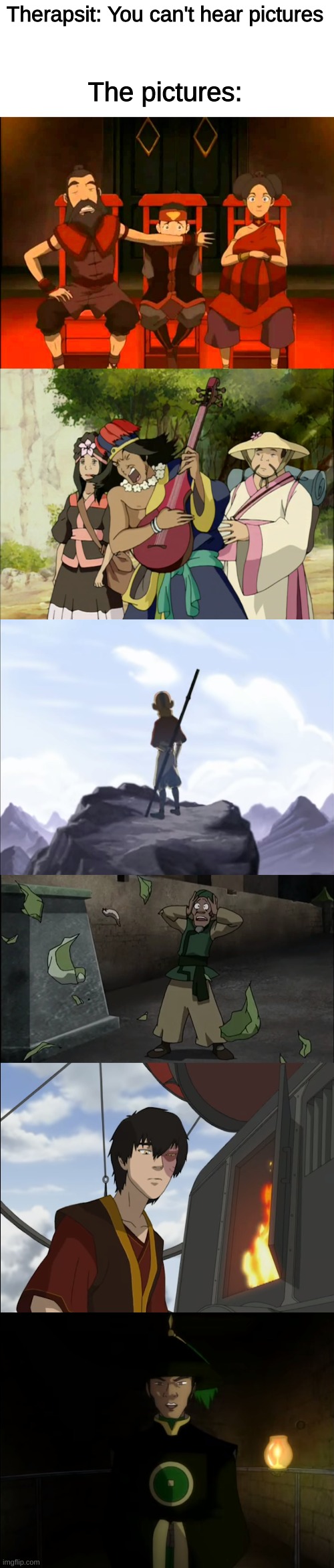 you cant hear pictures | Therapsit: You can't hear pictures; The pictures: | image tagged in thats rough buddy,avatar the last airbender | made w/ Imgflip meme maker