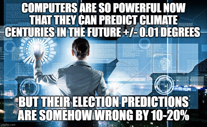 computer predictions | COMPUTERS ARE SO POWERFUL NOW THAT THEY CAN PREDICT CLIMATE CENTURIES IN THE FUTURE +/- 0.01 DEGREES; BUT THEIR ELECTION PREDICTIONS ARE SOMEHOW WRONG BY 10-20% | image tagged in election 2016,polls | made w/ Imgflip meme maker