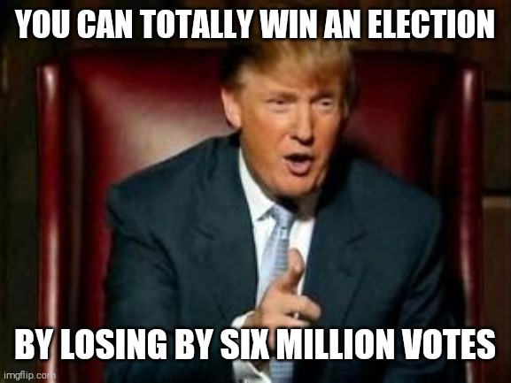 Donald Trump | YOU CAN TOTALLY WIN AN ELECTION; BY LOSING BY SIX MILLION VOTES | image tagged in donald trump,memes,election 2020 | made w/ Imgflip meme maker