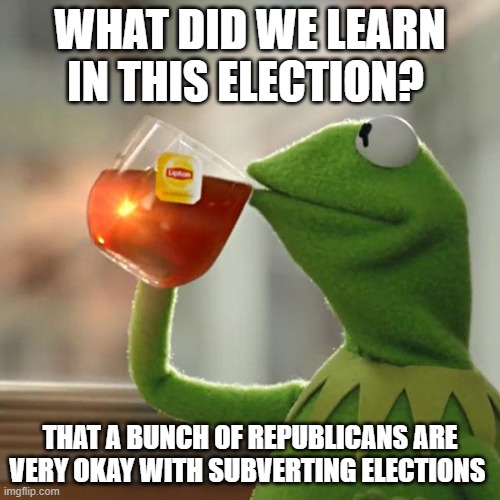 But That's None Of My Business | WHAT DID WE LEARN IN THIS ELECTION? THAT A BUNCH OF REPUBLICANS ARE VERY OKAY WITH SUBVERTING ELECTIONS | image tagged in memes,but that's none of my business,kermit the frog | made w/ Imgflip meme maker