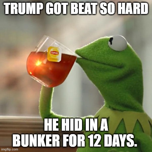 But That's None Of My Business | TRUMP GOT BEAT SO HARD; HE HID IN A BUNKER FOR 12 DAYS. | image tagged in memes,but that's none of my business,kermit the frog | made w/ Imgflip meme maker