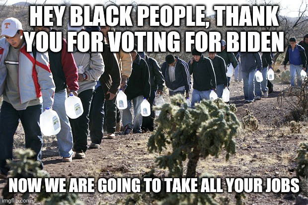 Oh snap, it did not occur to anyone! | HEY BLACK PEOPLE, THANK YOU FOR VOTING FOR BIDEN; NOW WE ARE GOING TO TAKE ALL YOUR JOBS | image tagged in illegal immigrants crossing border | made w/ Imgflip meme maker