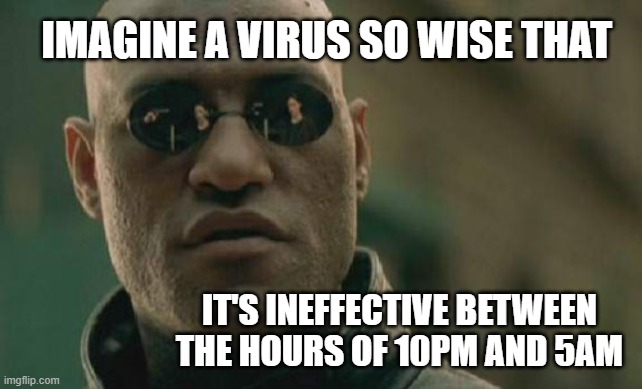 Matrix Morpheus | IMAGINE A VIRUS SO WISE THAT; IT'S INEFFECTIVE BETWEEN THE HOURS OF 10PM AND 5AM | image tagged in memes,matrix morpheus | made w/ Imgflip meme maker