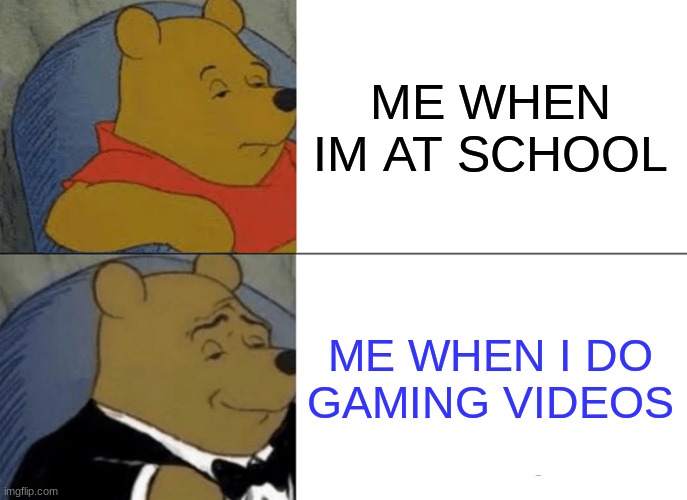 Tuxedo Winnie The Pooh Meme | ME WHEN IM AT SCHOOL; ME WHEN I DO GAMING VIDEOS | image tagged in memes,tuxedo winnie the pooh | made w/ Imgflip meme maker