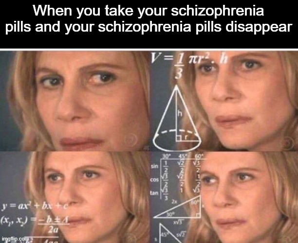 Exscuse me   W   A   T | When you take your schizophrenia pills and your schizophrenia pills disappear | image tagged in math lady/confused lady,schizophrenia,schizophrenia pills | made w/ Imgflip meme maker