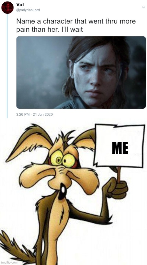 ME | image tagged in name one character who went through more pain than her,wile e coyote with sign | made w/ Imgflip meme maker