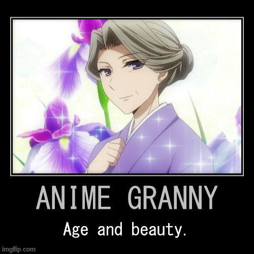 image tagged in demotivationals,anime,old woman,gilf,age,beauty | made w/ Imgflip demotivational maker