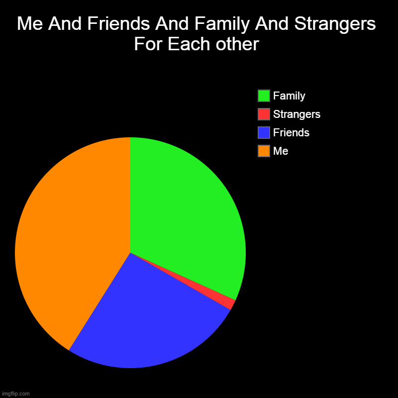Me And Friends And Family And Strangers For Each other | Me, Friends, Strangers, Family | image tagged in charts,pie charts | made w/ Imgflip chart maker