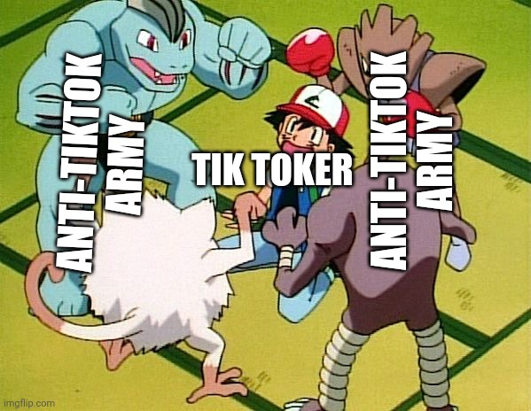 Anti-TikTok Army Ganging Up Against Tik Toker | ANTI-TIKTOK ARMY; ANTI-TIKTOK ARMY; TIK TOKER | image tagged in pokemon gang | made w/ Imgflip meme maker