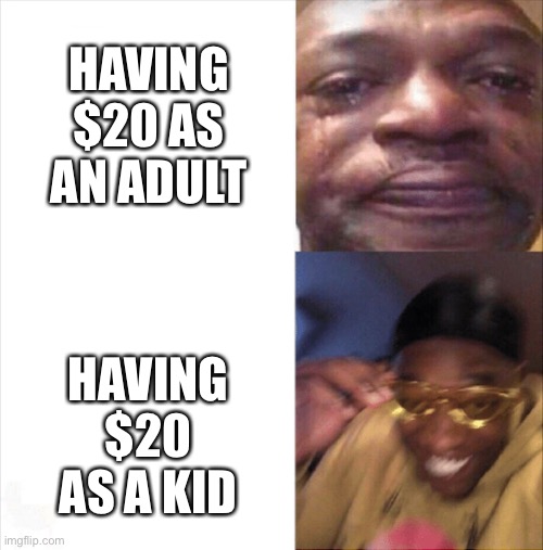 Sad Happy | HAVING $20 AS AN ADULT; HAVING $20 AS A KID | image tagged in sad happy,memes,funny,money,kids,adult | made w/ Imgflip meme maker