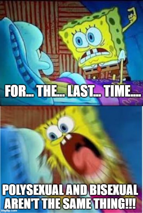 Can you relate? | FOR... THE... LAST... TIME.... POLYSEXUAL AND BISEXUAL AREN'T THE SAME THING!!! | image tagged in spongebob screaming meme,polysexual,bisexual | made w/ Imgflip meme maker
