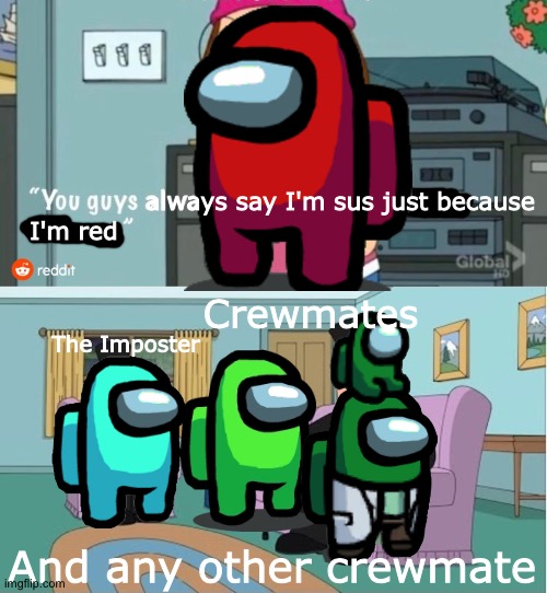 You guys always say I'm sus just because I'm red | always say I'm sus just because; I'm red; Crewmates; The Imposter; And any other crewmate | image tagged in you guys always act like you're better than me,among us,sus,red sus,memes | made w/ Imgflip meme maker