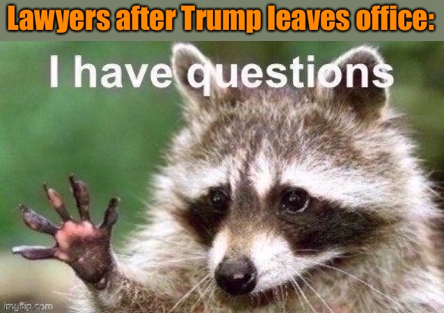 All those civil suits swirling around him, possible criminal charges? Grab the popcorn | Lawyers after Trump leaves office: | image tagged in i have questions raccoon jpeg degrade,president trump,trump is a moron,trump is an asshole,lawyers,lawyer | made w/ Imgflip meme maker